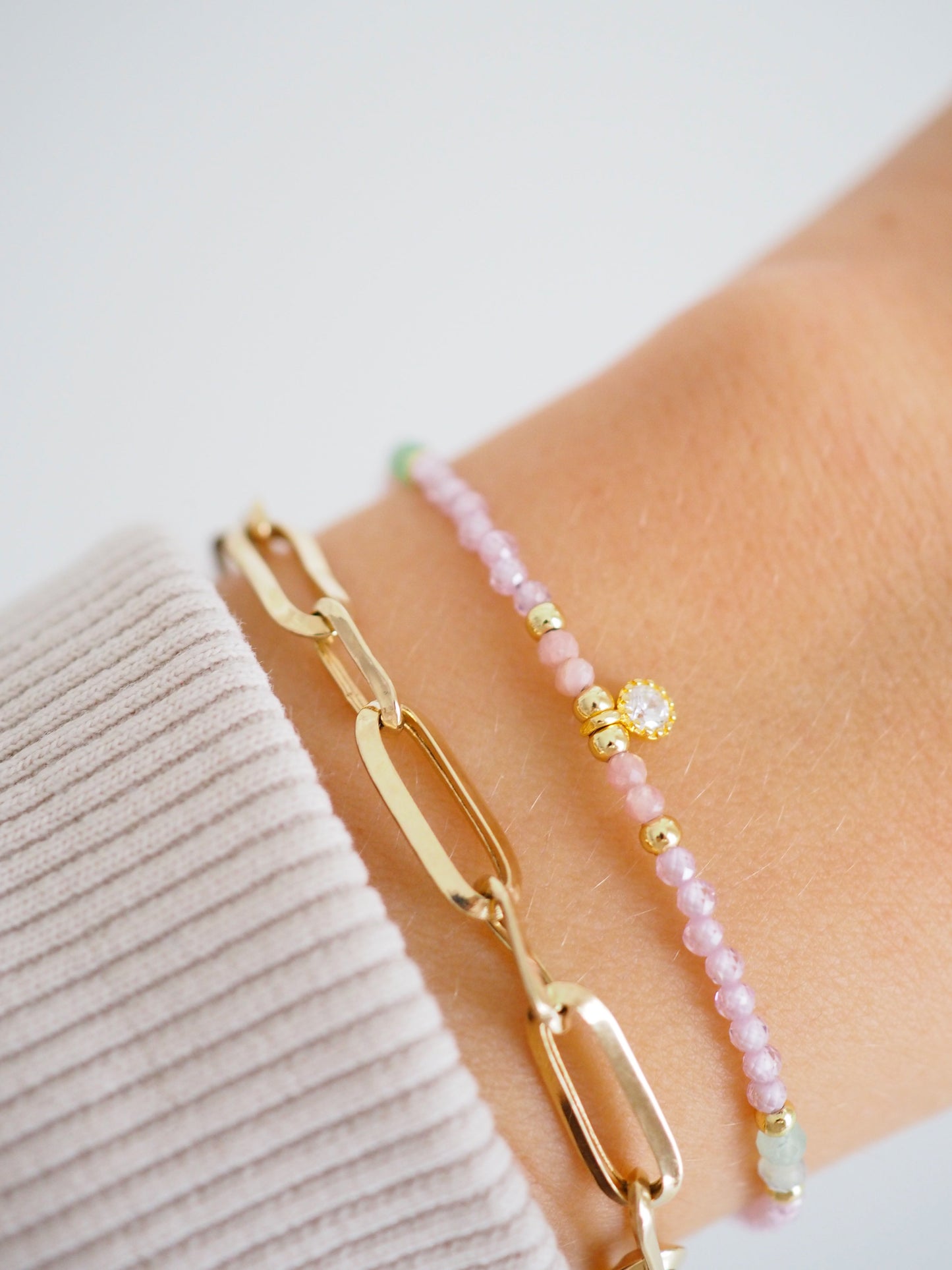 Facettiertes Armband Opal. Chrysopras. Zirkon & Rhodochrosit ca. 16-19cm mit Zirkonia Anhänger 925 Sterlingsilber vergoldet