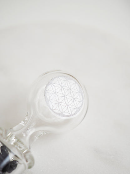 Glas Kristall Vitalstab für Edelsteinwasser. SPACE CLEARING MIX - Schungit & Bergkristall mit Blume des Lebens 20cm