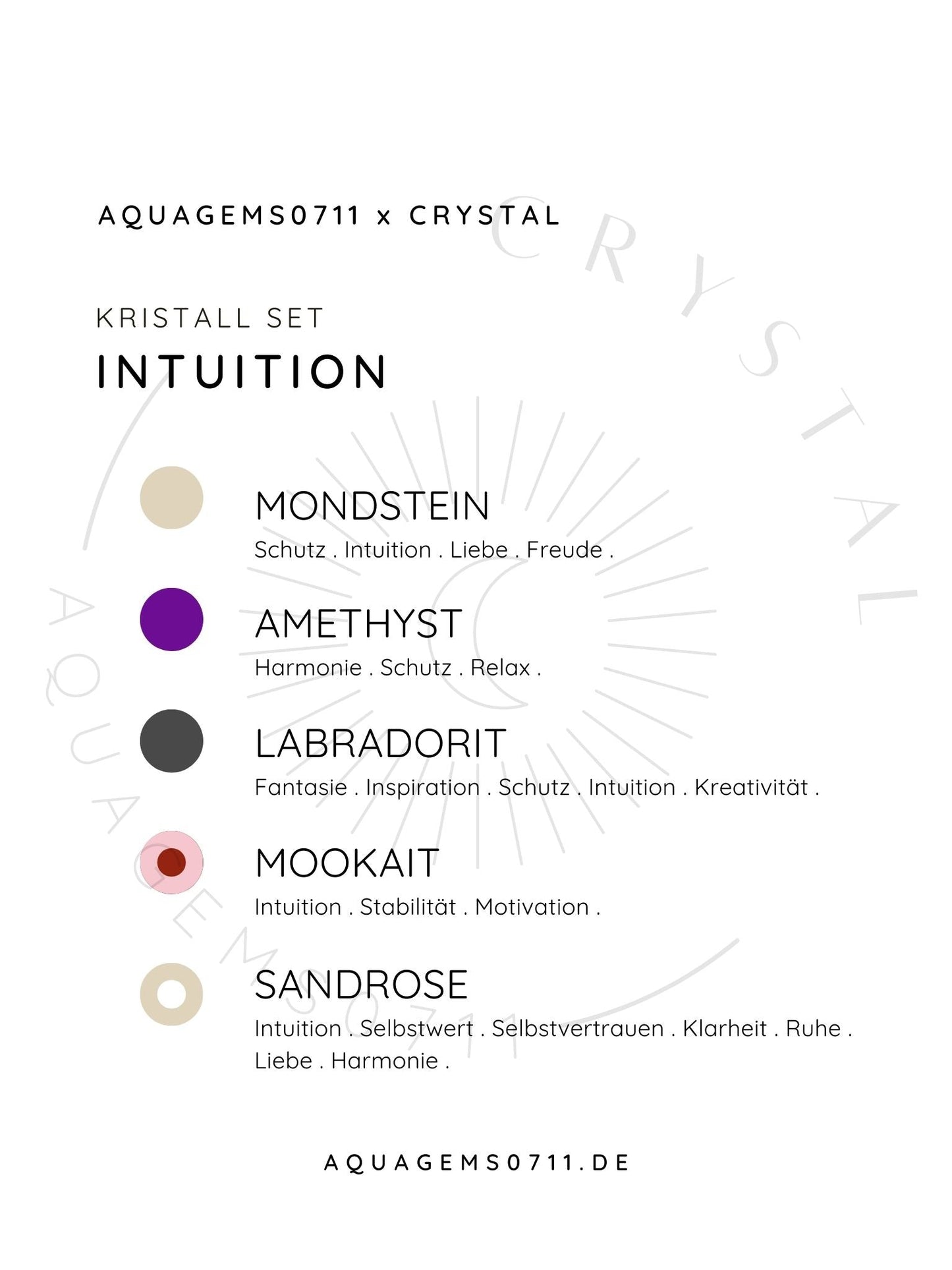 Kristall Set Intuition . CRYSTAL KIT INTUITION . Mondstein . Amethyst . Labradorit . Mookait . Sandrose