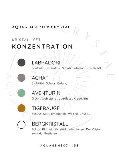 Kristall Set Konzentration . CRYSTAL KIT CONCENTRATION . Labradorit . Achat . Aventurin . Tigerauge . Bergkristall