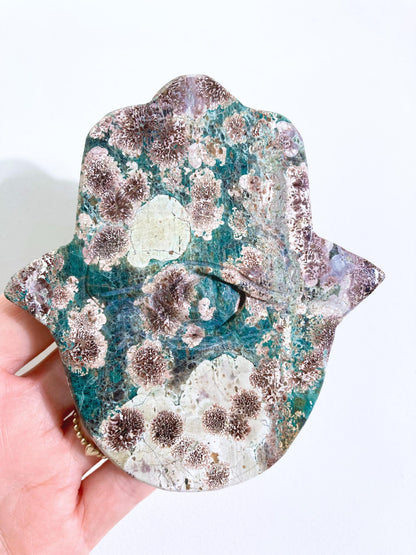 Russian Flower Agate Hamsa with Eye / Rhyolithe grüner Blumen Jaspis Hamsa mit Auge - High Quality
