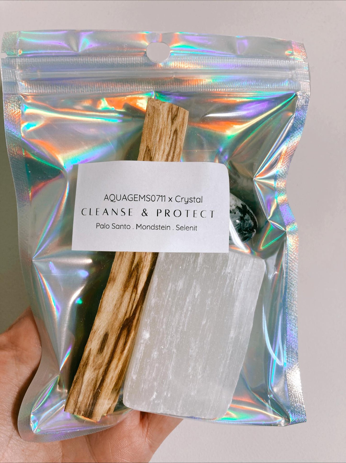 CLEANSE & PROTECT !  Räucherset l Palo Santo. Regenbogen Mondstein. Selenit