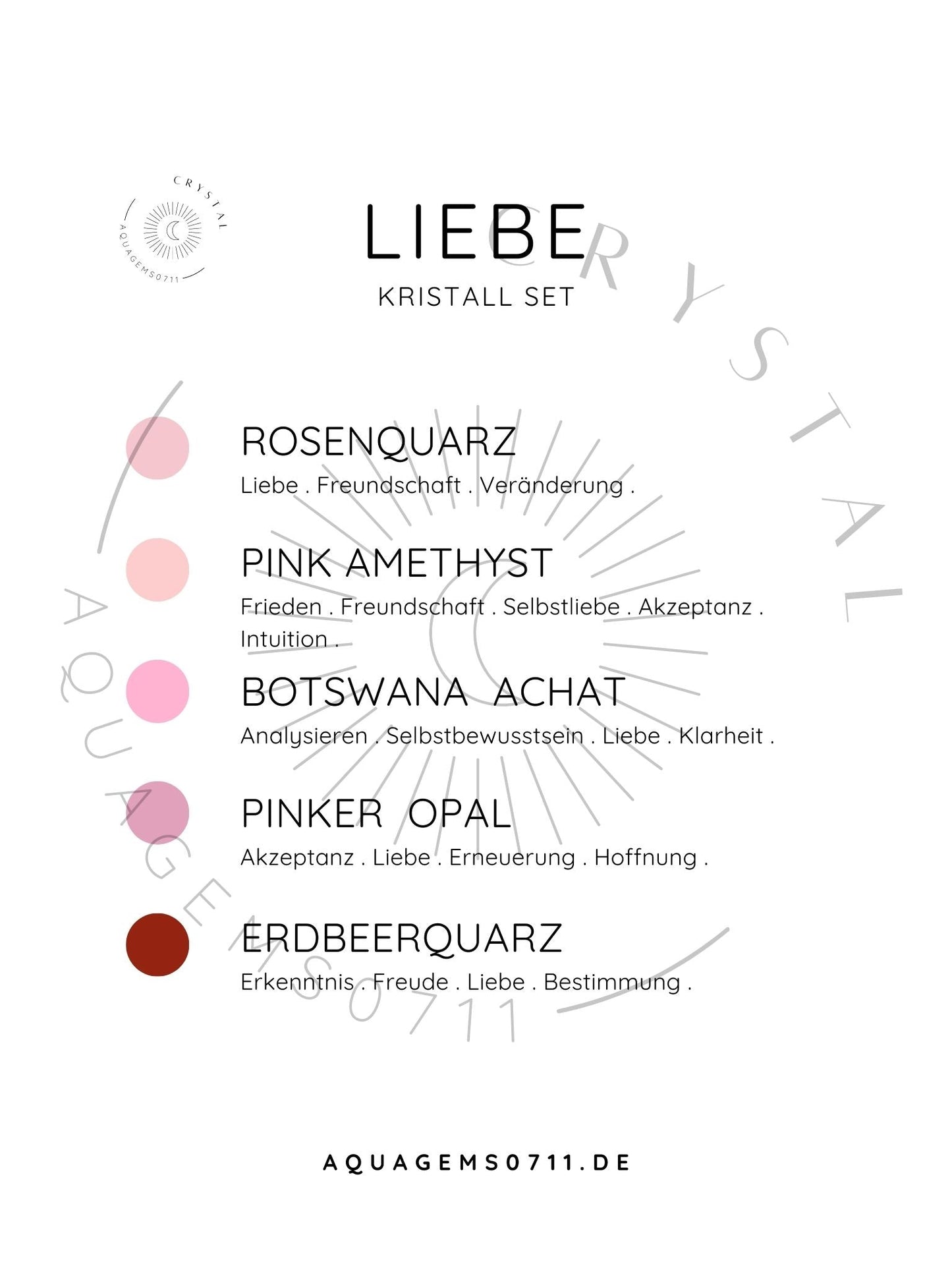 Kristall Set Liebe . CRYSTAL KIT LOVE . Rosenquarz . Pink Amethyst . Botswana Achat . Pinker Opal . Erdbeerquarz