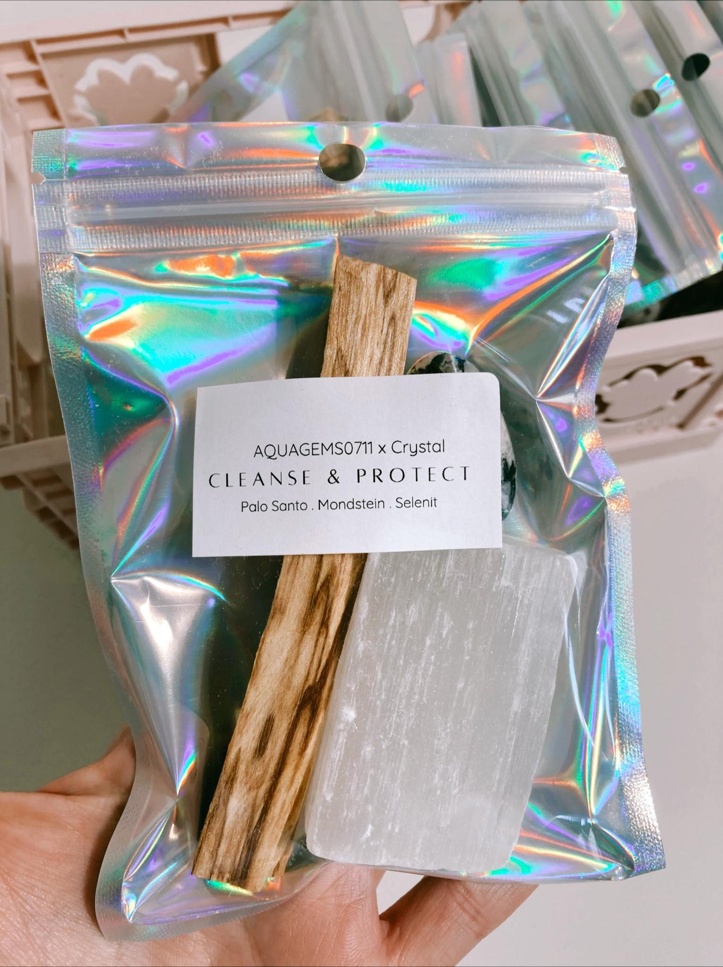 CLEANSE & PROTECT !  Räucherset l Palo Santo. Regenbogen Mondstein. Selenit