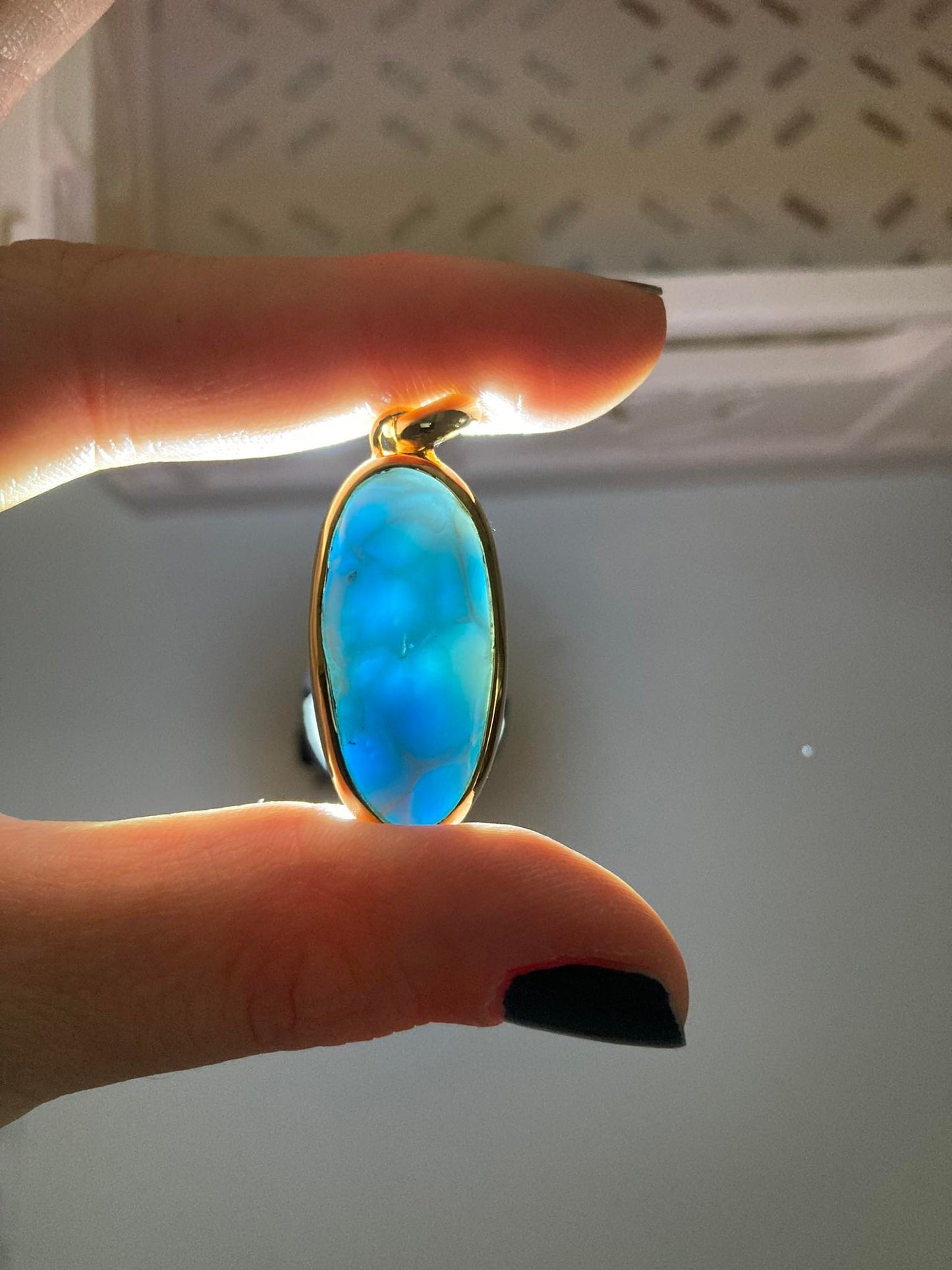 AAA Larimar Anhänger No.1 ca. 3.8cm 42ct 925 Sterlingsilber vergoldet -aus der Dominikanischen Republik