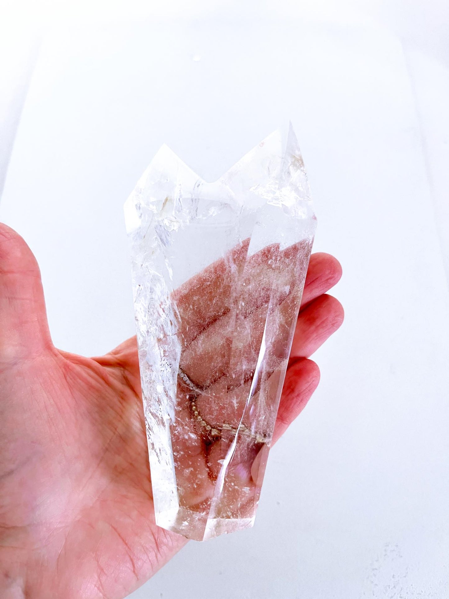 Doppel Bergkristall Spitze . Double Clearquartz Point 438g  - HIGH QUALITY mit Regenbögen Handcarved