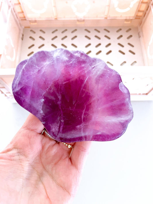 Regenbogen Fluorit Muschel Schale Schmuckschale . Rainbow Fluorite Mini Shell Bowl ca. 10 cm - aus China Handcarved