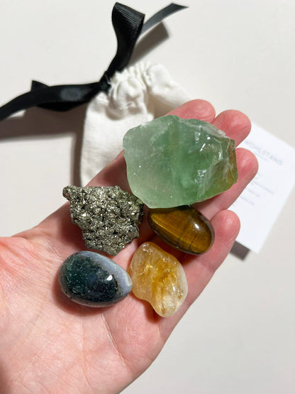 Kristall Set . Erfolg . Geld . Überfluss .  CRYSTAL KIT MONEY & ABUNDANCE . Citrin . Grüner Calcit . Tigerauge . Pyrit . Moosachat