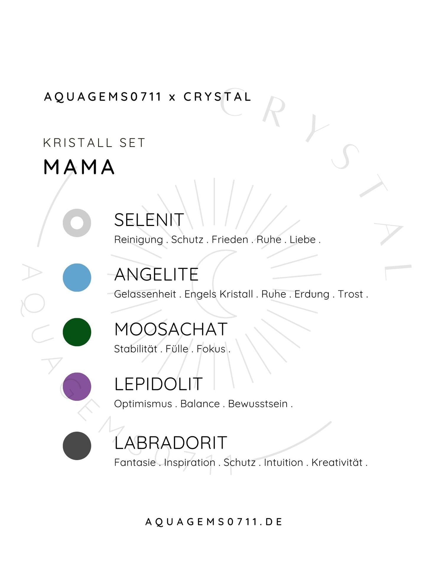 Kristall Set Mama . CRYSTAL KIT MOM .  Selenit . Angelite . Moosachat . Lepidolite . Labradorit