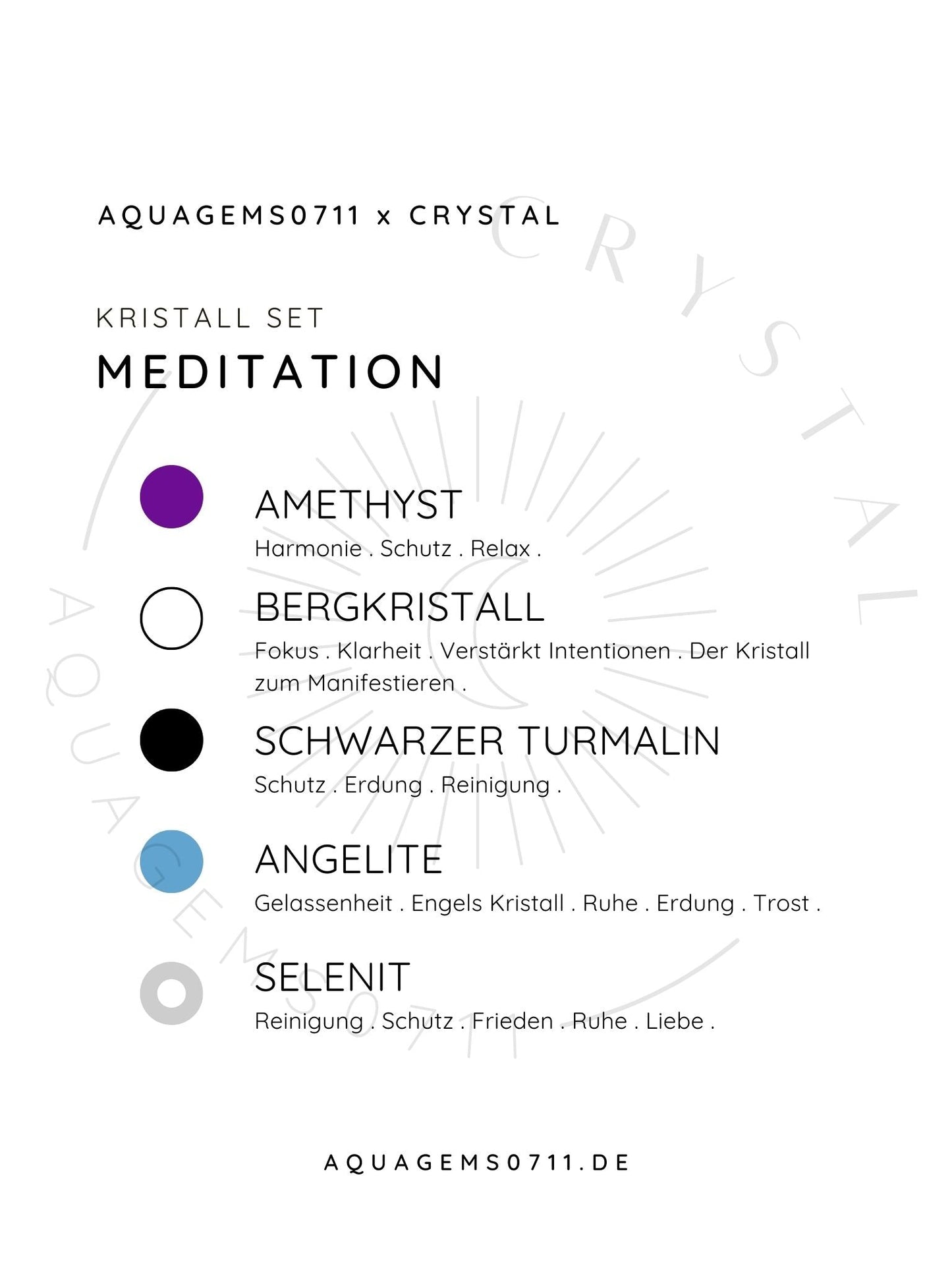 Kristall Set Meditation . CRYSTAL KIT MEDITATION . Amethyst . Bergkristall . Schwarzer Turmalin . Angelite . Selenit