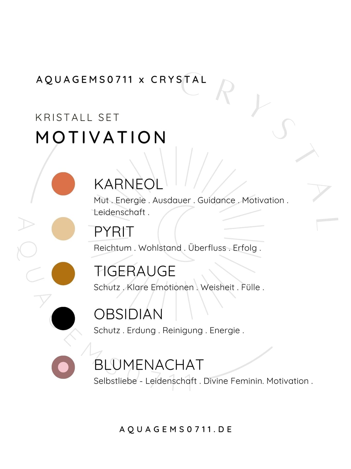 Kristall Set Motivation . CRYSTAL KIT MOTIVATION . Karneol . Pyrit . Tigerauge . Obsidian . Blumenachat
