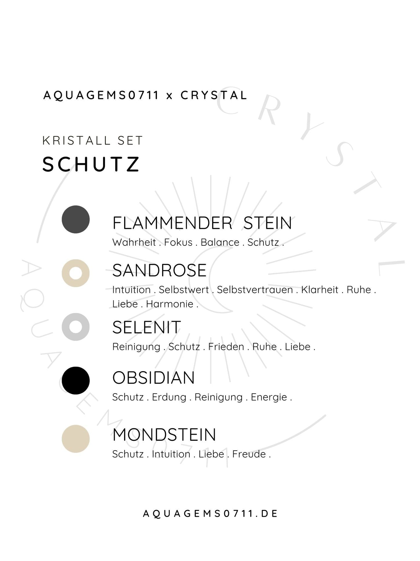 Kristall Set Schutz . CRYSTAL KIT PROTECTION . Flammender Stein  Sandrose . Selenit . Obsidian . Mondstein