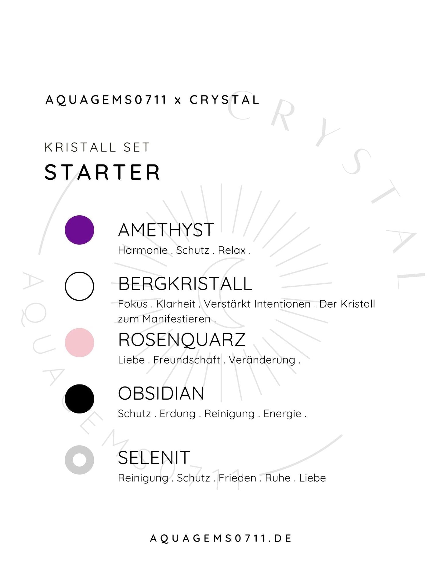 Kristall Set Beginner . CRYSTAL KIT STARTER . Amethyst . Bergkristall . Rosenquarz . Obsidian . Selenit