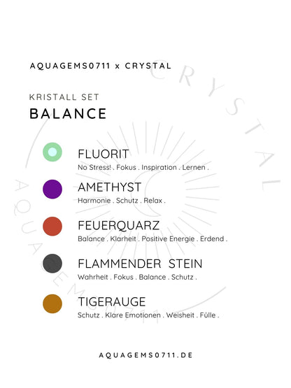Kristall Set Balance . CRYSTAL KIT BALANCE . Amethyst . Feuerquarz . Flammender Stein . Tigerauge . Fluorit