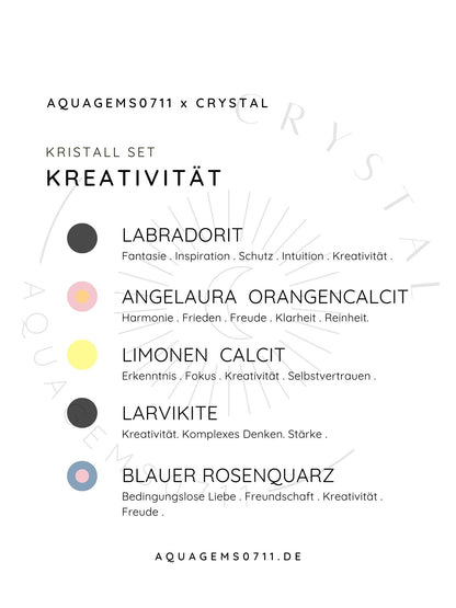 Kristall Set Kreativität . CRYSTAL KIT CREATIVITY . Labradorit . AngelAura Orangencalcit . Limonen Calcit . Larvikite . Blauer Rosenquarz