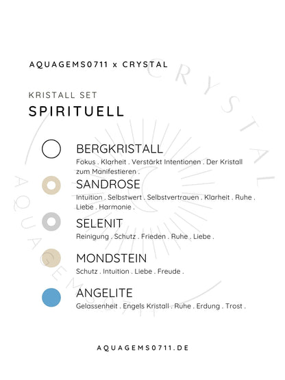 Kristall Set Spirituell . CRYSTAL KIT SPIRITUALITY . Bergkristall . Sandrose .Selenit . Mondstein . Angelite