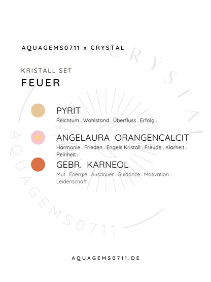 FIRE ELEMENT Crystal SET  / Feuer Zeichen Edelstein Set.  Schütze. Löwe. Widder  (Karneol, AngelAura Orangen Calcit Pyrit) High Quality