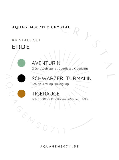 EARTH ELEMENT Crystal SET . Erde Element Edelstein Set. Stier. Jungfrau. Steinbock  (Aventurin Schwarzer Turmalin. Schörl Tigerauge) High Quality