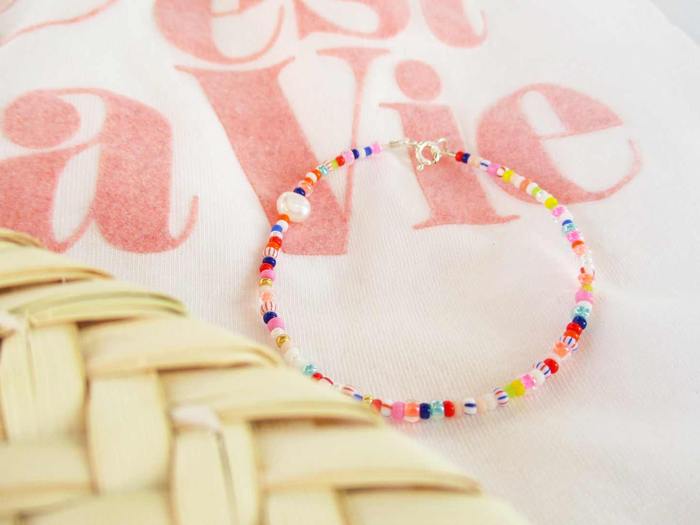 Japanisches Glasperlen Armband mit Perle Rainbow