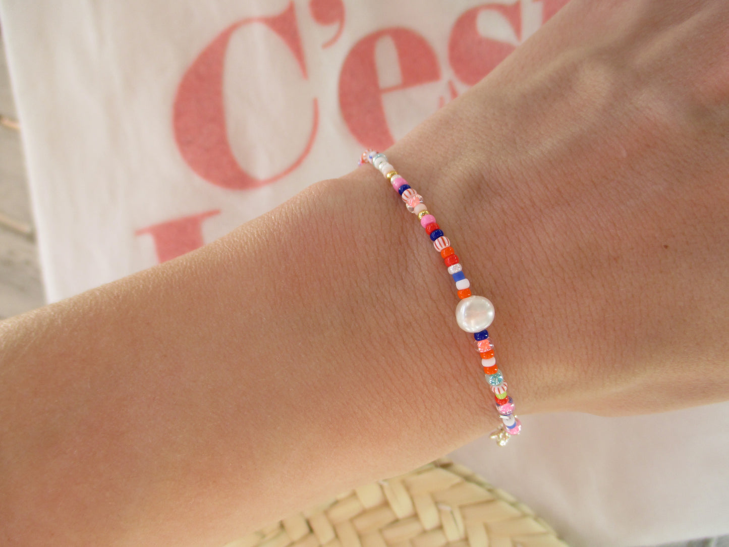 Japanisches Glasperlen Armband mit Perle Rainbow