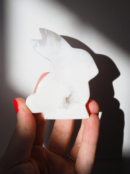 Druzy Weisser Pflaumen Blüten Achat Hase .  Druzy White Plum Agate Bunny - aus Indonesien Handcarved HIGH QUALITY