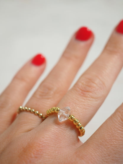 Bergkristall Doppelender Elastischer Kugel Ring .  925 Sterlingsilber vergoldet - Herkimer Art aus Pakistan
