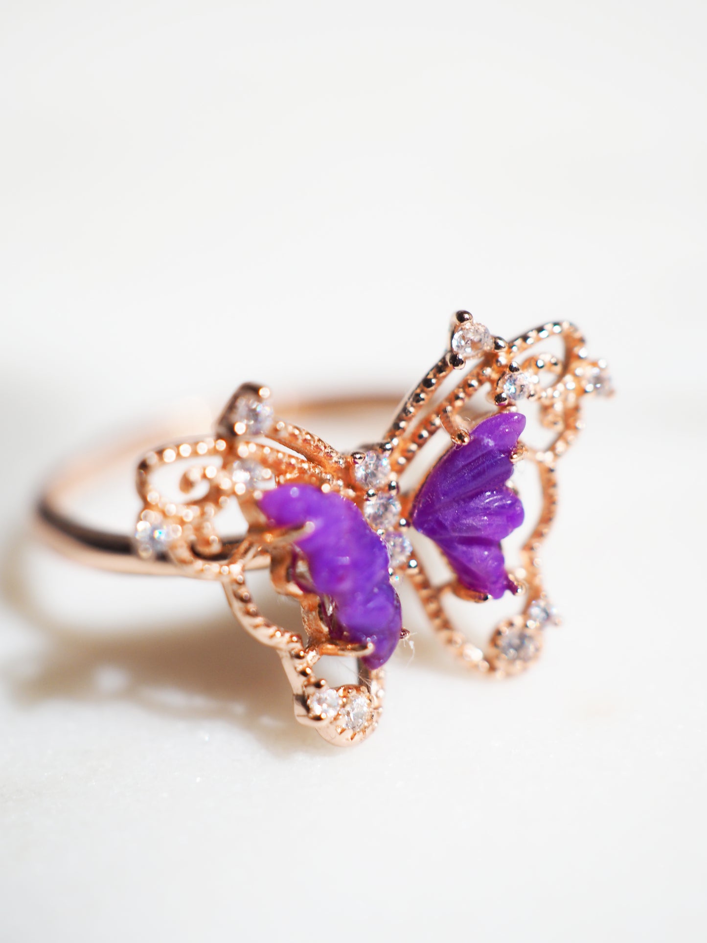 Sugilith Ring mit Zirkonia SCHMETTERLING - 925 Sterlingsilber Rosévergoldet Onesize fits all - HIGH QUALITY RARE