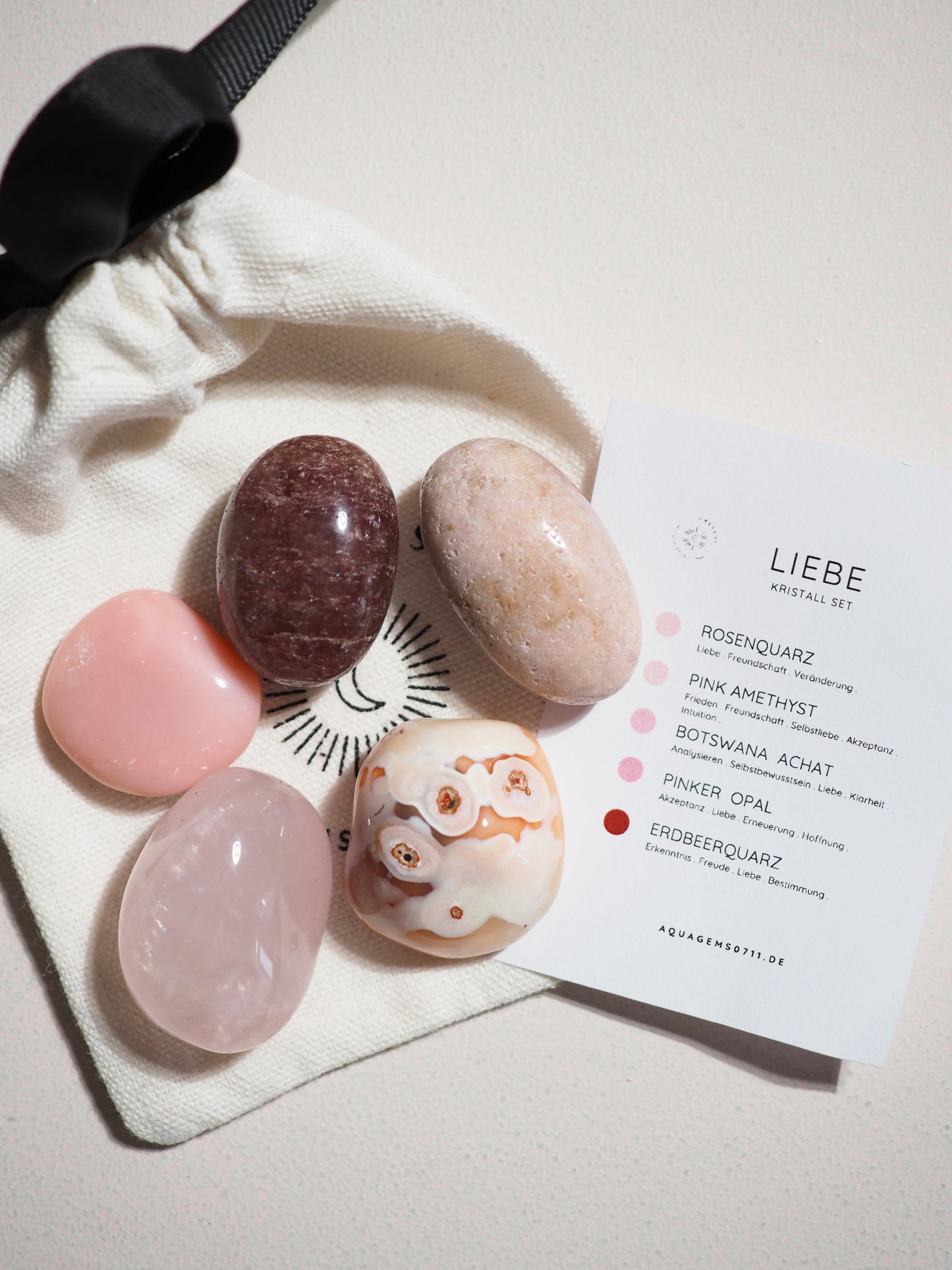 Kristall Set Liebe . CRYSTAL KIT LOVE . Rosenquarz . Pink Amethyst . Botswana Achat . Pinker Opal . Erdbeerquarz