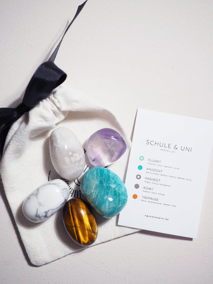 Kristall Set Schule & Uni . CRYSTAL KIT SCHOOL & UNIVERSITY . Fluorit . Amazonit . Magnesit . Achat . Tigerauge .