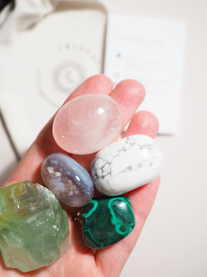 Kristall Set Trennung . CRYSTAL KIT BREAK UPS . Malachit . Rosenquarz . Grüner Calcit . Blumenachat . Magnesit .