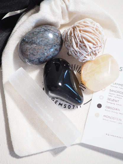 Kristall Set Schutz . CRYSTAL KIT PROTECTION . Flammender Stein  Sandrose . Selenit . Obsidian . Mondstein