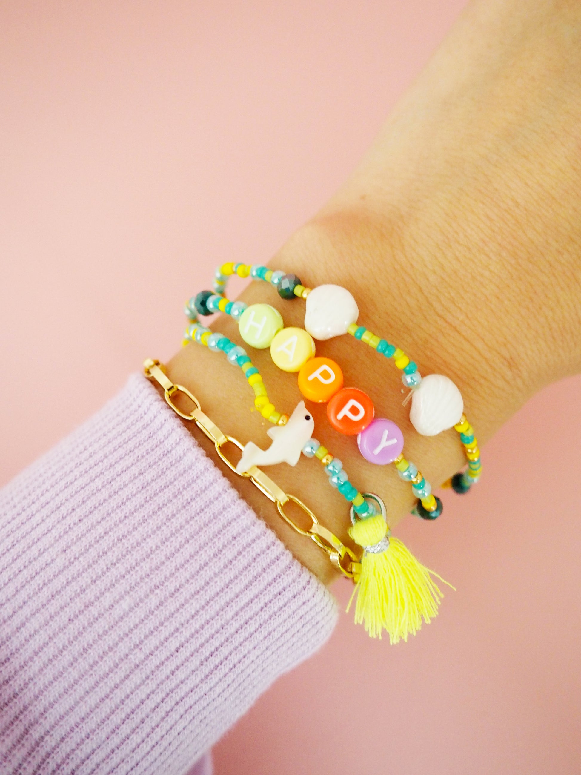 Happy Armband Set mit Japanischen Glasperlen, Delfin und Muscheln. Ibizastyle