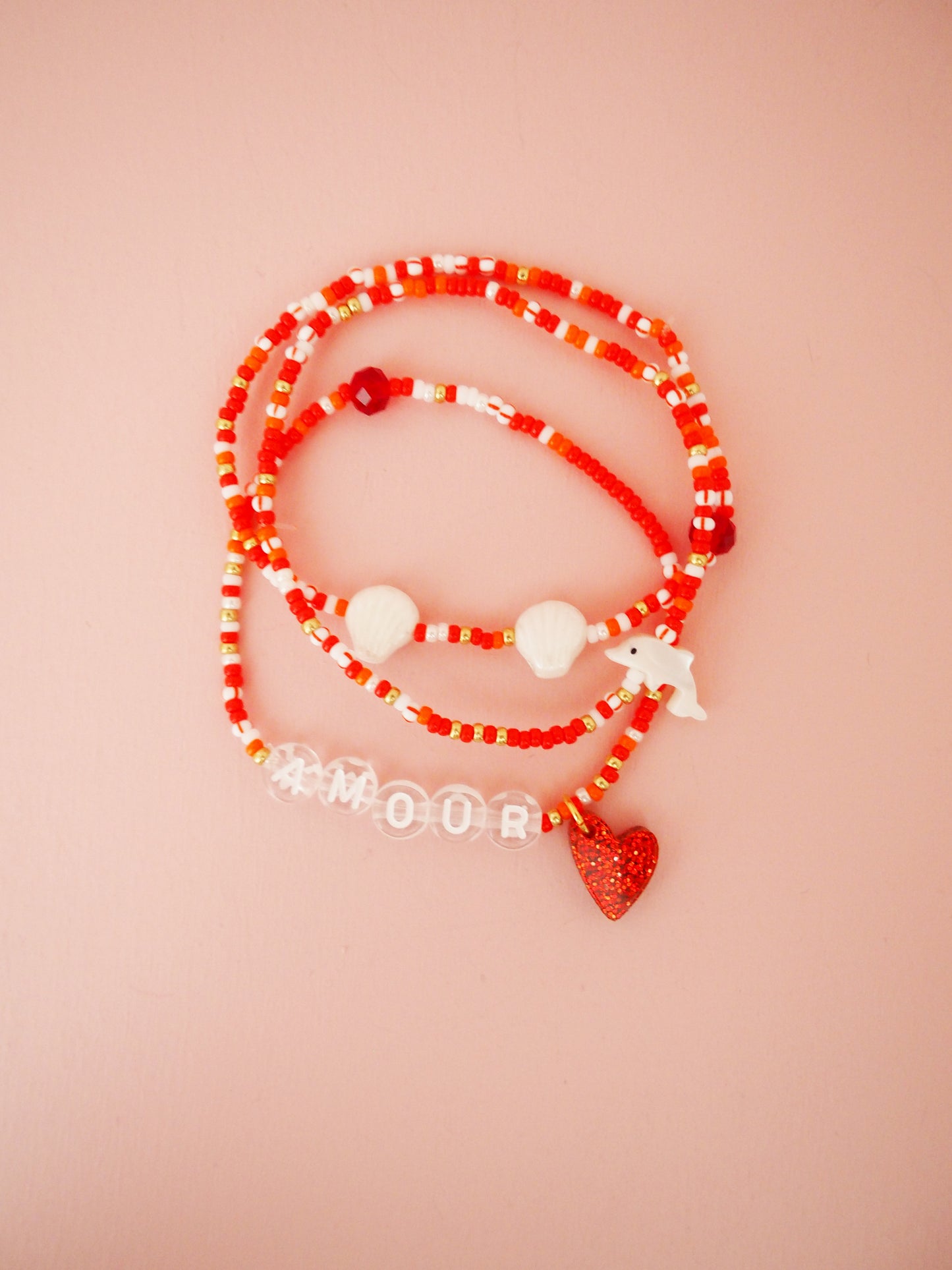 AQUAGEMS Armbandset mit Liebe, rotes Herz und Muscheln