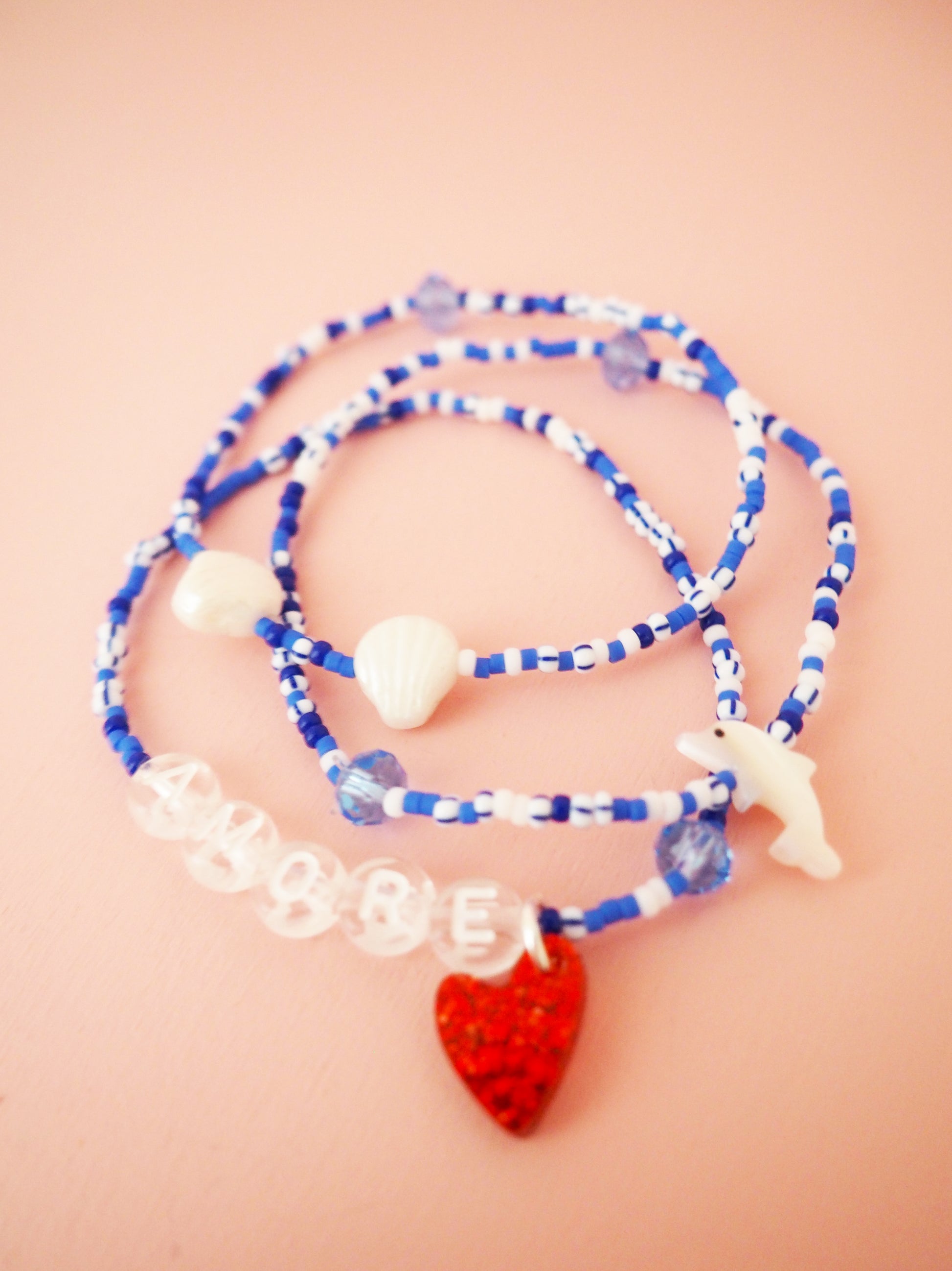 Blaues Armband Set Glasperlen Herz Muscheln