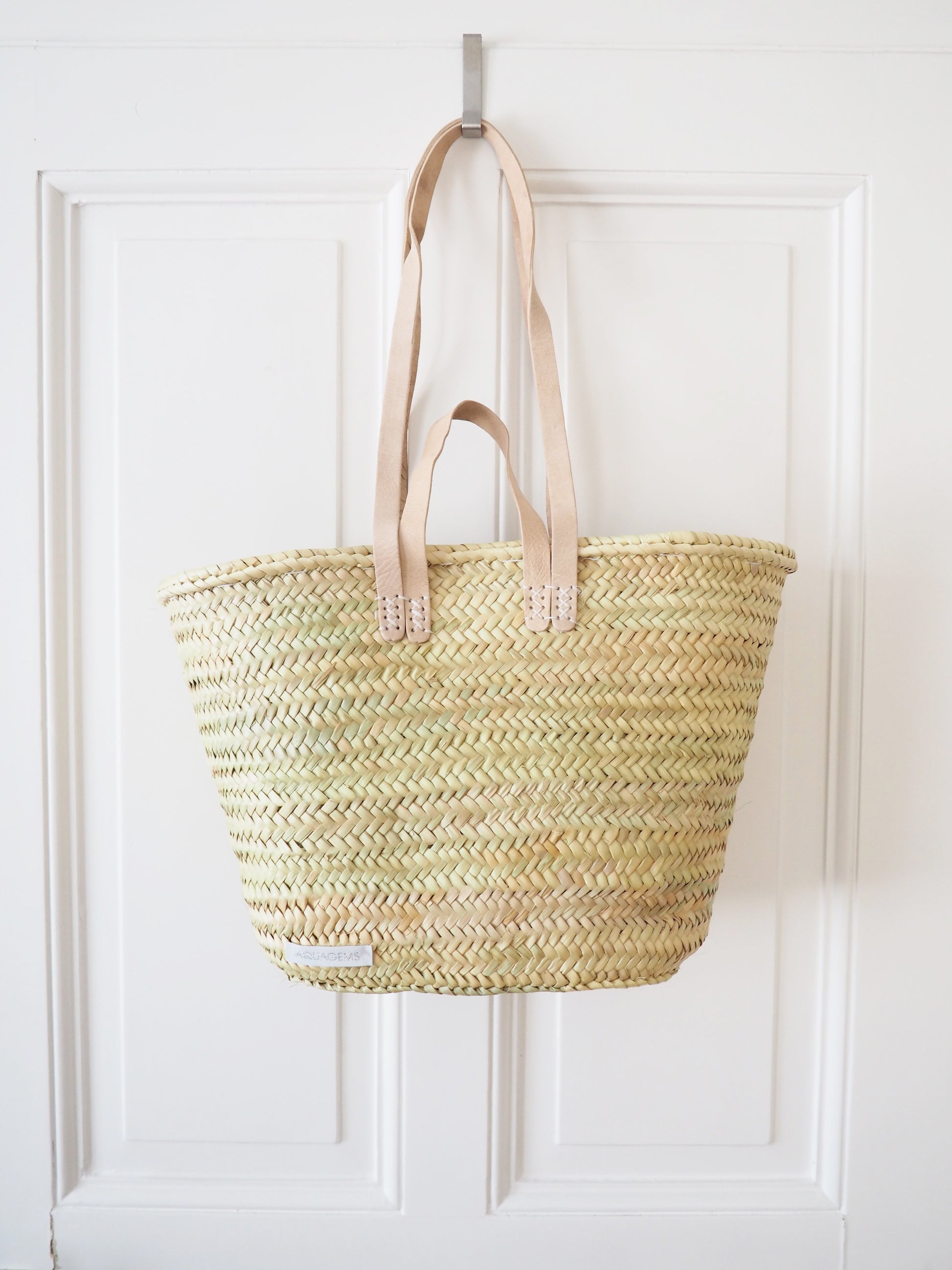 Korb Tasche im Boho Look Ibiza Stil mit hellen Lederhenkeln Kurz und Lang
