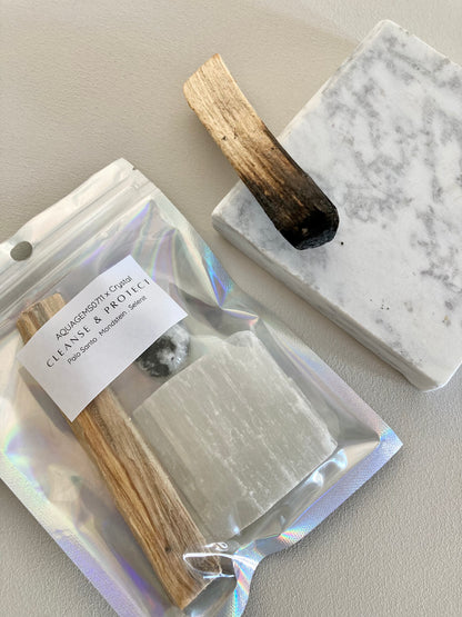 CLEANSE & PROTECT !  Räucherset l Palo Santo. Regenbogen Mondstein. Selenit